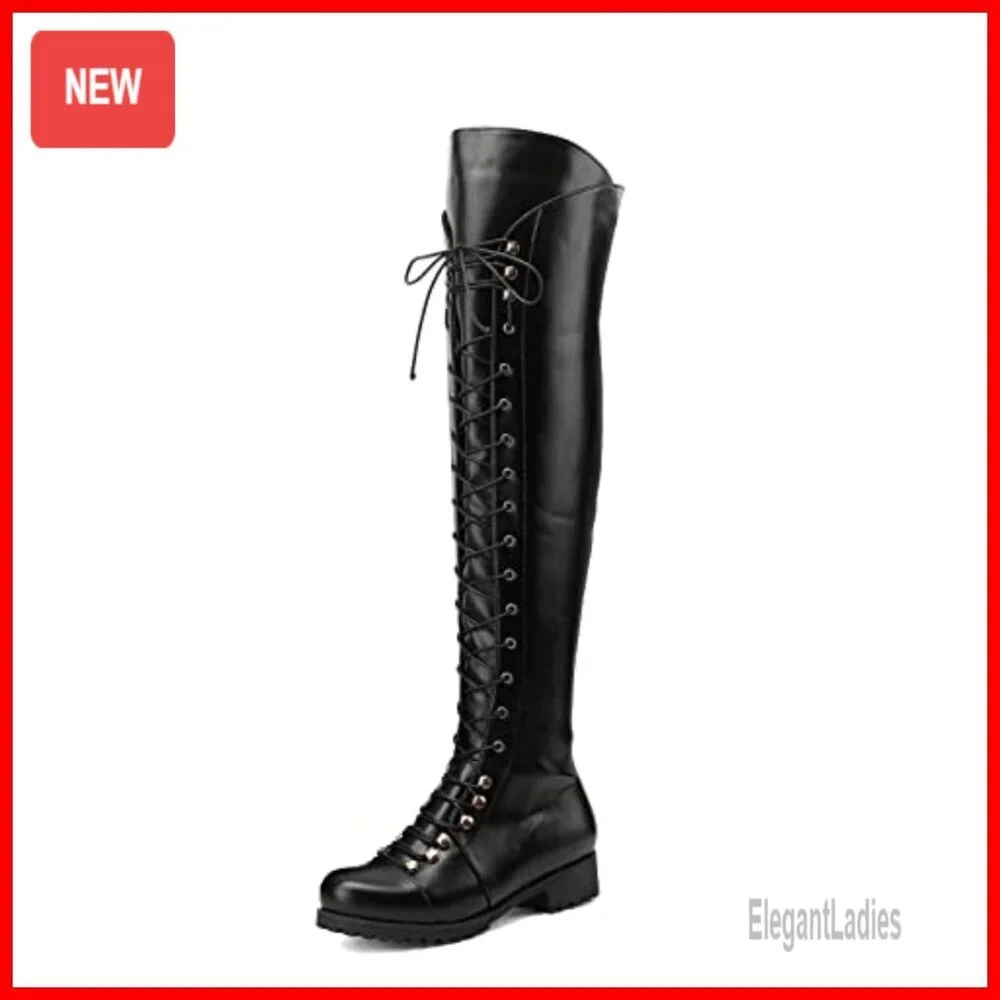 Over The Knee Flat Boots Lace-Up Riding Boots PU Leather 22.4